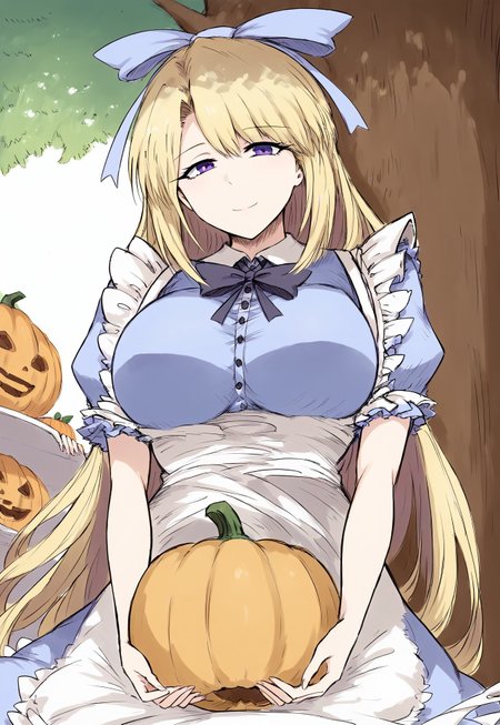 safe_pos, score_9, score_8_up, score_7_up, best_quality, 
 Expressiveh,
1girl, solo,mature woman, big sister, AliceMotherBS2, 1girl, blonde hair, long hair, breasts, large breasts,  purple eyes, very long hair, medium breasts,  blue eyes, ribbon, blue bow, apron, dress, white apron, puffy short sleeves, frills, puffy sleeves, maid apron, blue dress, bow, hair bow,smile,
 tree, under a tree, below view, upper body, pumpkin, holding pumpkin, 5fingers, lowangleview-3000,