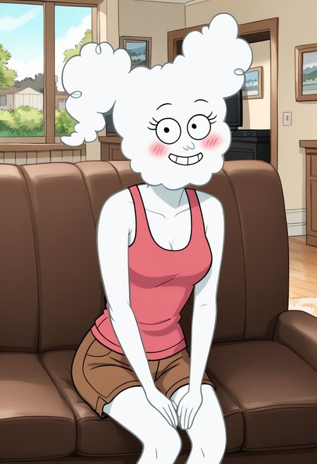 score_9, score_8_up, score_8,  <lora:CJ New:0.8>, 1girl, cl0udyj4y, black eyes, white skin, solo, tank top, brown shorts, living room, sitting on couch, smile, looking at viewer, blush, window, parody