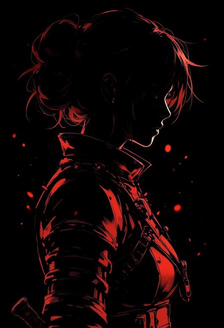 in the style of ck-mgs, nistyle, Special Ink-drawing mode, intricate linework with expressive contrasts, Mh1$AgThS2, Silhouette Art, magnificent, image of female warrior in samurai red leather armour, silhouetted, chiascuro, dark background, directional light
