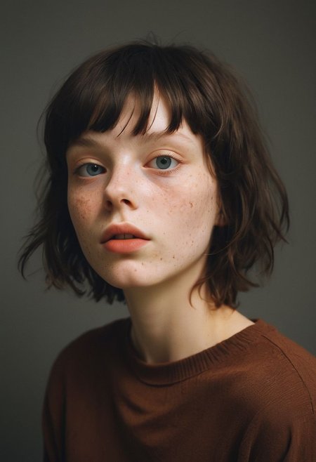 A photo Luce Doe, a 25 year old woman.  Short boyish hair, black hair. Posing in the studio. Soft studio lighting. 
Detailed, emotional face.
(detailed skin, pores, sweat, rosacea, blemishes, acne, freckles, imperfections, tan (moles-)), detailed eyes,
 style of Caravaggio.
Hasselblad, Kodak Ektar 100
