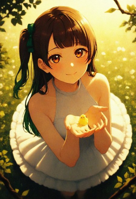 volumetric lighting, ambient occlusion, luminescent background, masterpiece, very awa, plants, flowers,depth of field, leaf, branch, blurry background,  day, sunlight, warm light
BREAK
dynamic pose,  looking at viewer, holding a bird with both hands, from above, depth of field,  leaf, branch, blurry background, absurdres, masterpeice, best quality, very aesthetic
BREAK
lovelive_kotori, white dress, gentle smile, grayish brown hair,light hair, green hair bow, bangs, one side up, long hair, brown eyes, frilly dress, halter top