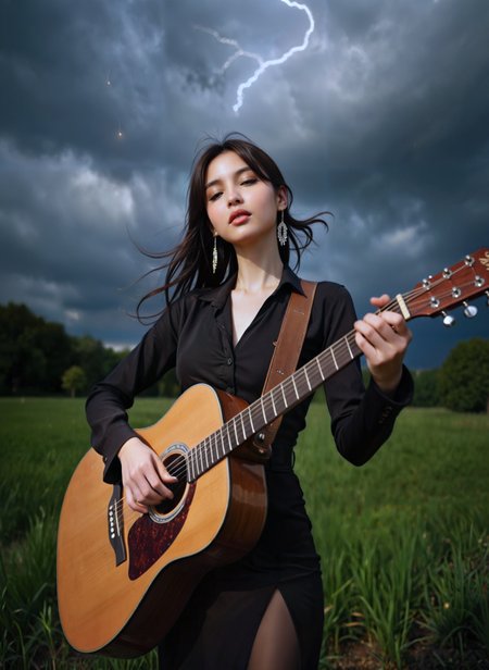 cinematic film still a young woman playing an acoustic guitar in a field. She is wearing a black dress and has long dark hair that is blowing in the wind. The sky is cloudy and there is a lightning bolt visible in the background. The woman is holding the guitar with both hands and appears to be strumming the strings. The overall mood of the image is peaceful and serene. <lora:add-detail-xl:.5>  <lora:Flux-style-xl-lora:.5>