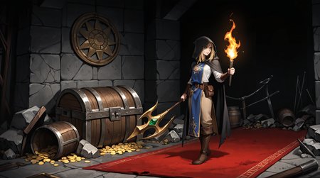 masterpiece, best quality, amazing quality, very aesthetic, 1girl, solo, cramped treasure vault, shiny gold coins, ripped red carpet, cobwebs, bug, ragged black hooded cloak, from the side, side view, facing away, deep shadows, altar with scroll, white loose shirt, blue tabard with sun symbol, brown knee boots, tan pants, surprised expression, long dirty blonde hair, sidelocks, leather bracer,  <lora:Calmlike Style IL:.5>,  <lora:StS_Age_Slider_Illustrious_v1:1.5>, dramatic lighting, stone ruins, dirty floor, skinny, absurdres, green eyes, dark_interior, low light, underground, leather belt, belt pouch, rubble, closed treasure chest, sparkling gem, barrel, weapon rack, vignetting, holding torch, black background,