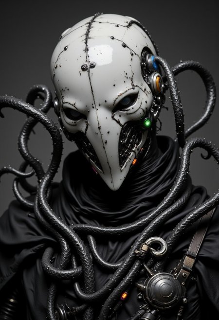 enistyle, A monochrome Vintage Closeup Portrait of the helmet depicting a imposing, Pristine White Sci-fi knight,. intricate Closeup of His perfect designed translucent helmet and armor, The cloak is draped over a black, with exposed wires and mechanical parts visible at her shoulders.. The Warrior is covered in long, dark, sinuous tendrils that resemble tentacles, emerging from its back and wrapping around its arms, adding a menacing, alien quality. These tendrils are covered in small, metallic hooks and are attached to the figure's back, creating a chaotic, almost monstrous appearance. Her helmet is a futuristic, with multiple lines suggesting motion or energy discharges. bleaked neon pink, Green, blue, orange atmospheric neon lighting,