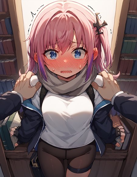 score_9, score_8_up, score_7_up, source_anime, <lora:girlsfrontline-st-ar-15-ponyxl-lora-nochekaiser:1>, st ar-15, blue eyes, hair ornament, long hair, multicolored hair, one side up, streaked hair, pink hair, purple hair,, asymmetrical legwear, black pantyhose, black socks, dress, fingerless gloves, gloves, grey scarf, holster, jacket, pantyhose, scarf, shirt, single leg pantyhose, single thighhigh, strap, thigh holster, thigh strap, thighhighs, uneven legwear, white shirt,, library, books, shelves, reading, quiet, , <lora:full-face-blush-ponyxl-lora-nochekaiser:1>, full-face blush, embarrassed, blush, sweat, ear blush, blush, wavy mouth, trembling, open mouth, <lora:hands-on-anothers-shoulders-ponyxl-lora-nochekaiser:1>, hands on another's shoulders, pov, pov hands, cowboy shot,, looking at viewer, solo,, dutch angle, cowboy shot