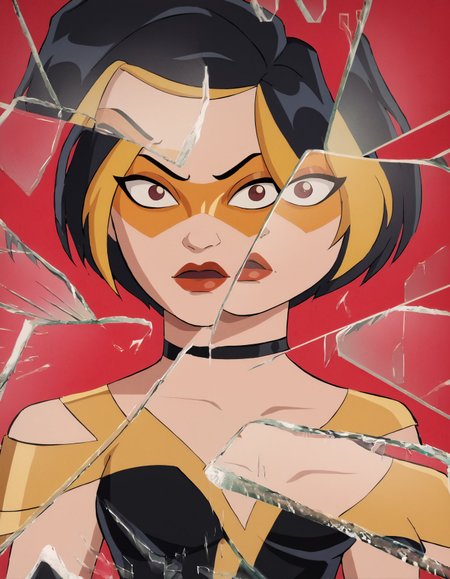 score_9, score_8_up, score_7_up, score_6_up BREAK, IncrsXLBrknGls, broken glass, reflection, upper body, g0g1-dh, 1girl, suprised, solo, short hair, black hair, gold hair, multicolored hair, choker, domino mask, makeup, lipstick, dress  <lora:Golden_Glider_Kite_Man_r1:0.7>  <lora:BreakingGlassXLPDCAME:1>