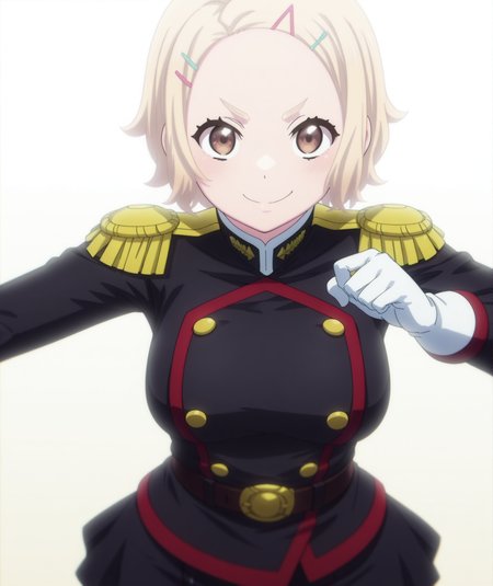 official art, absurdres, highres, anime coloring, hi res, best quality, masterpiece, 2d, intricate details, 4k,
1girl, solo, short hair, blonde hair, hair ornament, brown eyes, hairclip, v-shaped eyebrows, 
medium breasts, gloves, white gloves, uniform, military, military uniform, epaulettes, skirt, jacket, belt, black skirt,
looking at viewer,
depth of field, white background, gradient background, <lora:Ginna_Bizen_ILXL:1>, mato seihei no slave,