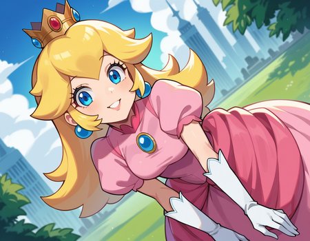 score_9, score_8_up, score_7_up, source_anime,
princesspeach, <lora:princess-peach-chibi-ponyxl-lora-nochekaiser:1>
princess peach, blonde hair, blue eyes, long hair, smile,
crown, dress, gem, gloves, pink dress, puffy short sleeves, puffy sleeves, short sleeves, white gloves,
outdoors, cityscape, bent over,
looking at viewer, dutch angle, cowboy shot