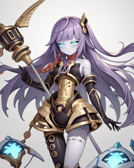 score_9, score_8_up, score_7_up, score_6_up, score_5_up, score_4_up, BREAK source_anime,<lora:add-detail-xl:1>,<lora:Expressive_H:1>,
<lora:Orphegol Galatea _1PONY:1>,orphegol galatea, 1girl, solo, long hair, purple hair, blunt bangs,Blue glowing eyes, android, joints, hair ornament, colored skin, bare shoulders, duel monster, elbow gloves, asymmetrical legwear,