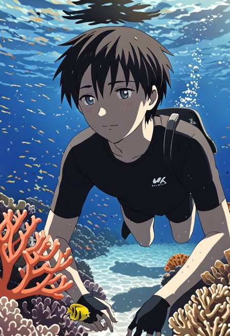 Highres, Masterpiece, High Quality, 4K, 8K, solo, 1Boy, Takaki Toono, adult, black hair, short hair, sea water, clear, calm, coral reefs, fish, marine life, diving, snorkeling, without snorkel equipment, wet, easynegative, detailed_eye_model