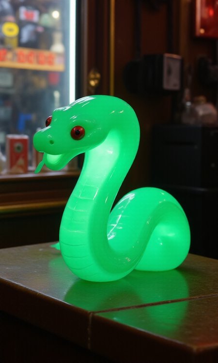 jade_snake, shebaaobao, neouv, cartoon snake made out of glowing illuminated iridescent jade ready to bite somebody on the counter of a pawn shop in New York City  <lora:jadesnakeflux-000001.safetensors:1.0> <lora:shebaobao_flux_snake_Cartoon_v2.safetensors:1.0> <lora:neouv_flux_03.safetensors:1.0>