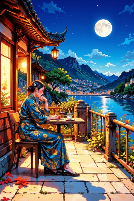 cafe beautiful landscape, evening, woman, very intricate, very detailed, sharp, bright, colorful, <lora:Hand v2:0.5> <lora:Anti-Blur:1><lora:Insane Detail Slider:0.25>  <lora:flux.1_lora_flyway_Epic-detail_v2:0.3> <lora:fluxenhancer:0.25> <lora:ROWER:0.6> <lora:flux-charmer-v1-1:0.4><lora:Vibrantly_Sharp_style_v.5:0.4> <lora:realanime:0.7> <lora:Chinese_Ink:0.3> chinese ink style