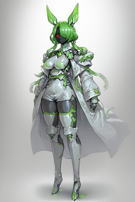 score_9, score_8_up, score_7_up, score_6_up, score_5_up, score_4_up, BREAK, source_anime, solo, 1girl, rating_safe, ((mature female)), ((long green flowing hair)), mechanical parts, (big backwards folded mechanical rabbit ears), mature female, (bunny ears), (animal ears), subdermal port, ((milf, mature female, big breasts)), hexagon lines in skin, naval uniform overcoat, naval uniform, white military uniform, dress_uniform, ribbons, ((red eyes)), bunny tail, rabbit tail, aiguillette, ((green hair)), ascot, ((Dutch Angle view Extreme Close shot (focus on waist))), latex pilot suit, shoulder cutout, bunny rabbit Tail, ((hair over one eye, )), digitigrade, clawed feet, minimal clothes, ((metal skin, shiny skin, vampire aesthetic, digital eyes, filled eyes, monochromatic eyes, glowing eyes, colored sclera, red sclera, mechanical eyes, partially shaded face, )), <lora:ECHANIS:1>,  <lora:Pochincoff_Style_Lora:0.8> pochincoff, robot girl, visor, big eyes, 4 eyes, <lora:chokerV2:1> alien parasite ckr sucked on neck, ckr