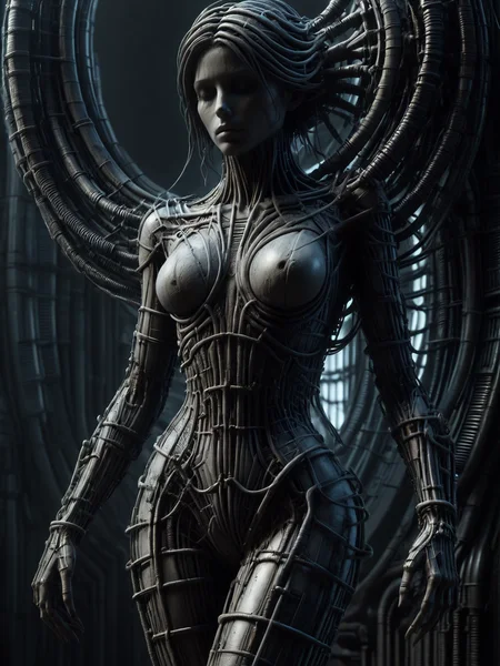 statue of a woman made of mad-rnfcnct , in the style of hr giger  <lora:Derilict_Concret_SDXL:1.0> <lora:Neon_Cyberpunk_SDXL:0.8>  cablelink <lora:great_lighting:0.5> great lighting <lora:aesthetic:1> aesthetic, (masterpiece:1.2), best quality, (hyperdetailed, highest detailed:1.2), high resolution textures