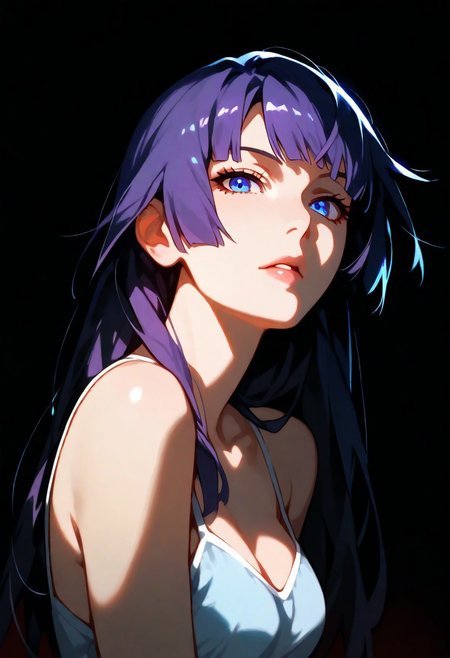 1girl,Hitagi Senjougahara (Monogatari Series), lips, thin lips, parted lips, solo, looking at viewer, camisole, upper body, dark, underlightling, masterpiece, best quality, very aesthetic