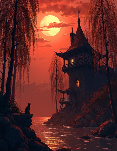 linquivera,  Ink illustration, (anime:0.5), brown tones, aged black red paper, inkpunk, moonlight,surreal, a cat on a castle balcony in the forest, (at a distance), Will-o'-the-wisp, moonlit, lonely, solitude, windy, tall trees, willows, willowy,  OverallDetail, extremely detailed, UHD,(long exposure , dystopian but extremely beautiful:1.4). in the style of umesky<lora:UmeSky.safetensors:0.6:0.6>