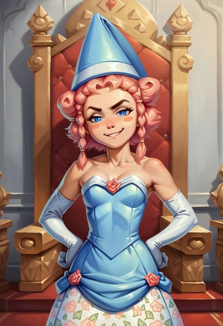 score_9_up, score_8_up, score_7_up, score_6_up, 1girl, solo, Pr1ncess_B, pink hair, blue eyes, twin braids, blue headwear, strapless blue dress, floral print, white elbow gloves, blush stickers, adult, (painted art), standing, indoors, throne room, hands on hips, smug smile, (realistic, painted art)