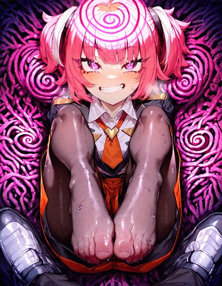 1girl, coral_(pokemon), pokemon_horizons,  rella, rolua,quasarcake:0.7, Fishine, negative space, very awa, toraishi 666:0.8,flanvia:0.9  ,negative space, retro_artstyle,mesugaki ,black_eyes, black_footwear, breast_pocket ,collared_shirt ,  grin , looking_at_viewer ,necktie  orange_necktie,orange_shorts ,pink_hair, pocket ,shirt ,shoes ,shorts, smile ,solo ,teeth ,twintails  ,pantyhose,sweat, in heat, steaming body,heavy breathing, naughty face, seductive smile, half-closed eyes,  thick thigh,solo, hypnosis ,mind_control ,from_above , looking_at_viewer, pov, looking up,wlying,on back,feet, wet feet, feet up ,feet focus, wet body,
masterpiece, best quality, Good quality, very aesthetic, absurdres, newest, (Perfect details),
<lora:ponyv5_noobV065S_1_adamW:0.8>, <lora:illustrious_noobai_epsilon_pred_1_best_quality_v1:0.7> ,<lora:illustrious_noobai_epsilon_pred_11_very_aesthetic_v1:0.7> ,<lora:illustrious_noobai_epsilon_pred_1_masterpieces_v1:0.7> , <lora:coralbugXL:0.8>