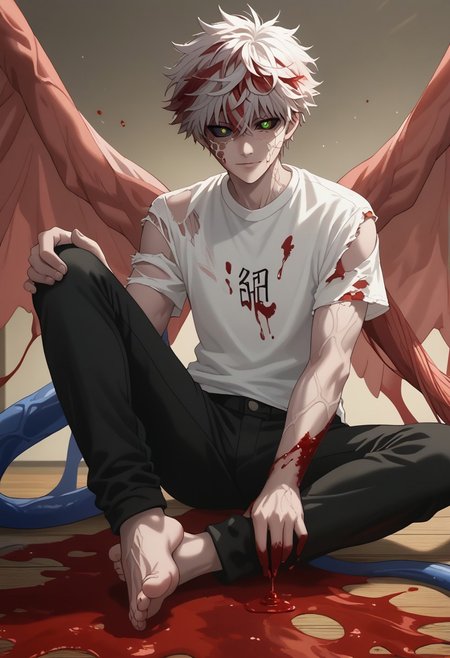 score_9, score_8_up, score_7_up, source_anime, rating_safe, Cancell, 1boy, male focus, anime screencap, monster, black sclera-heterochromia, red tendons, tentacles, white Cancell shirt, black pants, barefoot, wings, torn clothes, blood splatter, blood, blood on clothes, blood on face, sitting, hands with five fingers, feet with five toes,