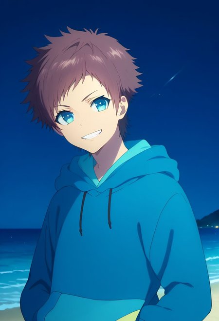 score_9, score_8_up, score_7_up, source_anime, highly detailed, 
hikari, 1boy, male focus, solo, brown hair, hoodie, hood, shorts, blue eyes, upper body, blue hoodie, hood down, 
outdoor, sky, ocean, night, grin,