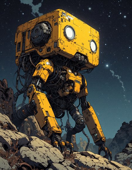 a futuristic robot with a boxy design, featuring large, round  eyes.  robot on a rocky terrain under a dark, starry sky with a visible Milky Way. the robot's yellow and black industrial colors, contrasting with the cosmic backdrop. fine details in the robot's mechanical parts, and create a mysterious, sci-fi atmosphere  , multiple references, magic particles, from side, CharacterDesignFLUX, 