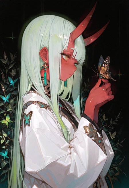 masterpiece, best quality, good quality, newest, highres, absurdres, volumetric lighting,gradient color,
BREAK 
raytracing, volumetric lighting, ambient occlusion, girl, background, masterpiece, best quality, very awa, absurdres, 
BREAK
Aka-Oni, oni, colored skin, (red skin:1.3), straight horns, solo, long hair, model style, 
BREAK
masterpiece,amazing quality,best quality,ultra-detailed,8K,illustration,CG,shiny hair,clear skin,ultra-detailed-eyes, background,cute girl, eyelashes
BREAK,
jewelry, long hair, earrings, black background, butterfly, blush, long sleeves, from side, looking at animal, bangs, green hair,abstract,