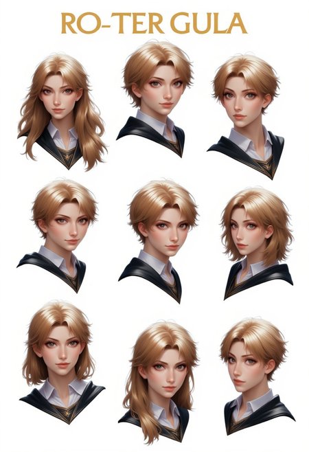 CharacterDesignFLUX,reference sheet,white background,simple background,multiple views, upper body, front, from side, color palette reference, high_detailed, captured in high detail, blond, hogwarts, student, arrogant, arrogant, diligent, hogwarts school uniform, school uniform, mean girl face, smile, woman, smiling, front side, beatrice, (different face expressions), face expressions, angry, sad, happy, ankward, bored, young woman, front face,