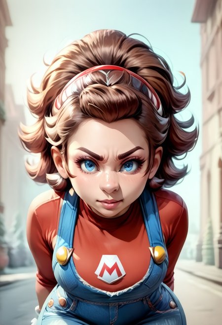 <lora:MtF_Genderswap:1>, genderswap \(mtf\), Mario, facing forward, mario hat, adult woman, extremely large nose, extremely bulbous nose, very wide face, circular head shape, wide chin, wide jawline, brown hair, lightly curly hair, blue eyes, average bust, wide hips, denim coveralls, red shirt, fully clothed, zPDXL, score_9, score_8_up, score_7_up, score_6_up, score_5_up, score_4_up,
full body render, full body, photorealistic image, realistic image, high quality, detailed face, realistic human proportions, detailed clothes,