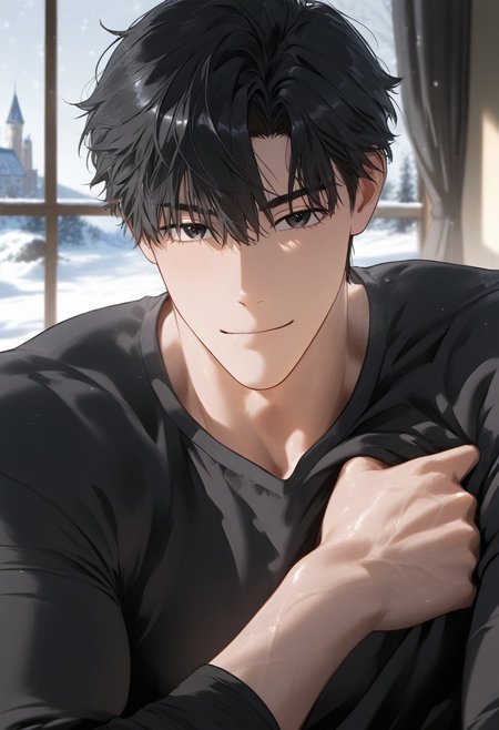 //General, masterpiece,best quality,amazing quality, source_anime, intricately detailed illustration, very aesthetic, absurdres, newest, anime coloring, subsurface scattering, , natural lighting, Expressiveh, detailed skin, shiny skin,aesthetics light, depth of field, vibrant colors,
//Fashion, black shirt, long sleeves, 
//Background, castle interior, indoors, snow background outside the window, 
//Others, 1boy, male focus, solo male, manly body, 
//Action, looking at viewer,  light smile, close up, upper body,
BREAK,
define relationship, black eyes, black hair
