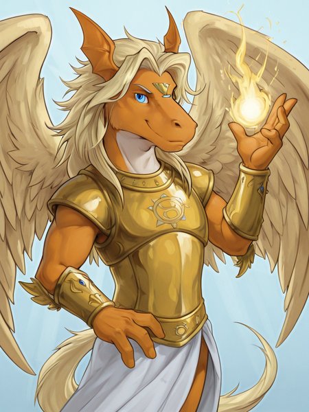 pegasusmon, male, anthro, chestplate, blue eyes, pose, magic, half-length, hope-symbol, wings
