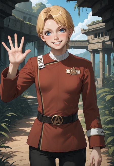 score_9, score_8_up, score_7_up, source_anime, head tilt, happy, smile, full body shot, (standing), looking at viewer, arm up, waving, 
BREAK
<lora:KaraDBH:0.85> 1girl, short hair, messy hair, blonde hair, blue eyes, lips, small breasts, (slim hips:1.1), (skinny:1.2), slender, athletic, 
BREAK
<lora:TWOKpony:1> twokunf, star trek red uniform, long sleeves, black belt, black pants, boots,
BREAK
<lora:StS_PonyXL_Detail_Slider_v1.4_iteration_3 (1):3>, scenery, outdoors, ancient temple background, jungle, moss, ruins,
BREAK
volumetric lighting, depth of field, cinematic, vibrant, shadows, detailed, high contrast,âââ <lora:vivid_everclear:0.3>,âââ