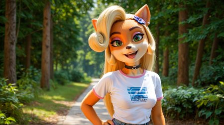 score_4,score_5,score_6,score_7_up,score_8_up,score_9 BREAK source_furry,1girl,solo,jewelry,earrings,long hair,breasts,choker,medium breasts,:d,outdoors,smile,open mouth,forest,high quality,bokeh,coco bandicoot,t-shirt,pants,