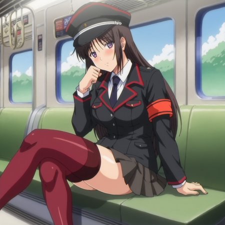score_9, score_8_up, score_7_up, score_6_up, score_5_up, score_4_up, anime coloring
BREAK
rin_olis, 1girl, solo, black hair, long hair, purple eyes, peaked cap, black coat, armband, pleated skirt, red thighhighs, looking at viewer, blush, sitting
BREAK
train interior, window, scenery, day, blue sky
<lora:rin_SaishuuChikanDensha_sdxl_v1b:1>