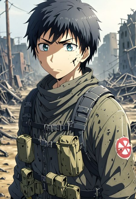 high resolution, solo, best quality, 1Boy, Arata Kaizaki, Black Hair, shallow depth of field, Post-Apocalyptic, survival, OverallDetail