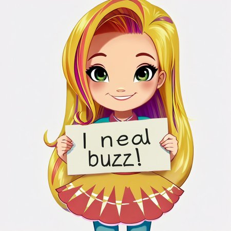score_9, solo, su_sd, 1girl, long hair, blonde hair, multicolored hair, streaked hair, green eyes, shirt, skirt, pantyhose, smile, looking at viewer, simple background, white background, holding sign in front, (need_buzz, holding sign, front of body), ((('BUZZ PLEASE))) perfect english,