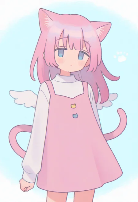 best quality, amazing quality, very aesthetic, absurdres,
BREAK
1girl, angel wings, animal ears, blue eyes, cat ears, cat girl, cat tail, dress, long hair,
looking at viewer, magical girl, pink hair, pink theme, solo, tail, wings, yume kawaii, yume ne,   <lora:MujiNoob_byKonan:1>