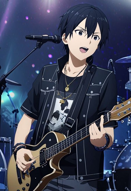 high resolution, professional photography, best quality, 1Boy, Kirigaya Kazuto, Black Hair, Black Eyes, idol, singing, potrait, dept of field, virtual concert, musical instrument, playing musical instrument, necklace, bracelet, sneakers, overalldetail