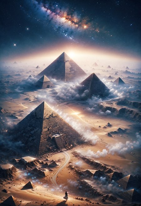 detailed landscape, desert, Egypt, pyramids, night, fog, stars, Milky Way, sand with wind, long shot, from above, cinematic, masterpiece, best quality, very aesthetic, absurdres, <lora:add-detail-xl:1>,  <lora:MJ52:0.25>, <lora:d4rk01lXLP:0.60> d4rk01l  <lora:ral-dissolve:1> ral-dissolve
