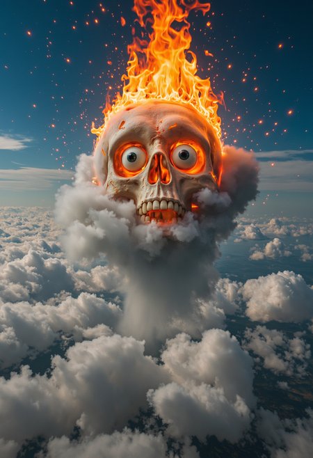 a breathtaking image of glorious artistry. A deconstructed dream state, floating clouds and eyeballs, cool fire skull, high speed photography