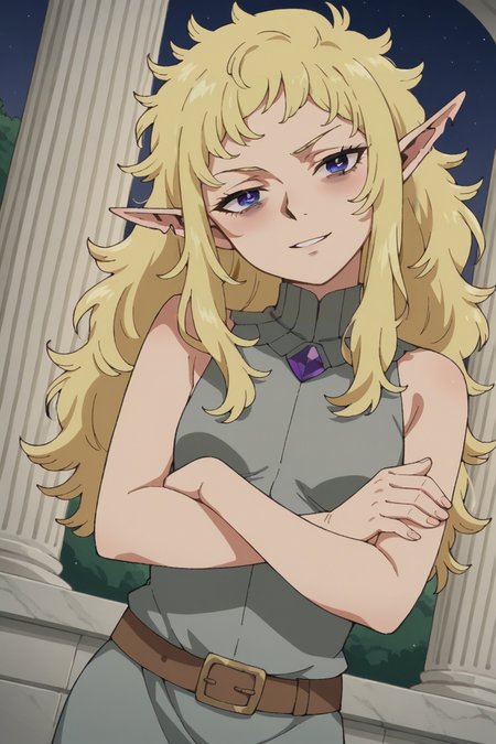 score_9, score_8_up, score_7_up, source_anime, 1girl, prefect lighting, very aesthetic, intricate details, highly detailed background, masterpiece, high quality, prefect hands, best quality, solo,
<lora:Fleki_Dungeo_Meshi_V1:.85>, KJOfleki, blonde hair, purple eyes, pointy ears, notched ear, bags under eyes, messy hair, long hair, half-closed eyes, 
grey tunic, brown belt,
smirk, blush, parted lips, cowboy shot, Dutch angle, looking at viewer, head tilt, crossed arms, 
Inside, ballroom, pillars, crowded, night,
(Beautiful, small Breasts:1.2), natural breasts,