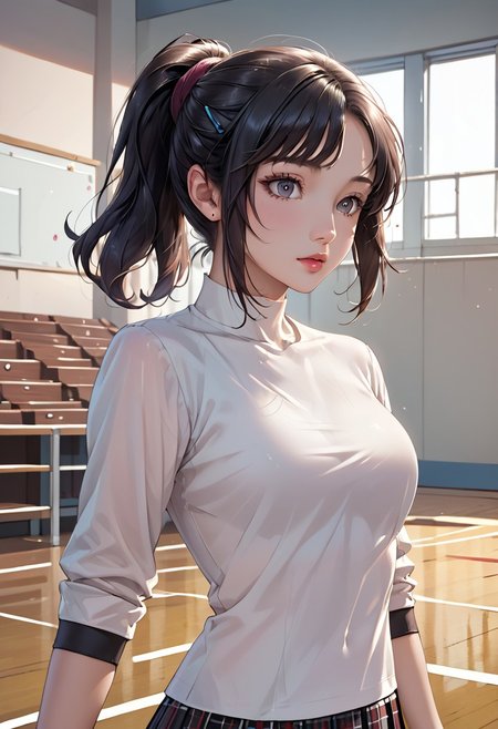score_9, score_8_up, score_7_up, (masterpiece, Highest quality:1.4), (beautiful, beautiful, perfection, delicate, Complex:1.2), (cute, Adorable), (Depth of written border:1.2), Realistic Face:1.2, hand,
1Girl, 28yo, shihop5, black hair, ponytail, shirt, plaid skirt, bike shorts, asymmetrical legwear,
 ((School gymnasium, volleyball court, standing)), break, anatomically correct, cowboy shot,