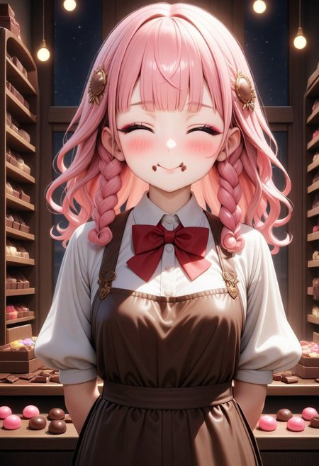 ((masterpiece), (best quality), (ultra-detailed), 
illustration, 3DMM, 
1girl, solo, pink hair, blunt bangs, curly hair, red bowtie , indoor, puffy sleeves,
white shirt, black pants, brown apron, 
 Closed mouth, closed eyes, black eyeshadow,
Indoor,  more Candy's,
glossy, delicate frame, angelic appearance, 
hair ornament,chiaroscuro shading, perfect body, dim natural light, night, window, soft smile, blushing,  smile,  portrait, face focus , traces of chocolate near the mouth, two holding a chocolate bar, puffy cheeks ,
 absurdres, cowboy shot,
   sharped eyes, sharp focus, angelic appearance,  side braids, night, darkness)
