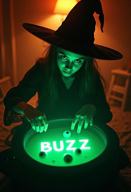 masterpiece, best quality, highly detailed, score_9, score_8_up, score_7_up, 
BREAK, 70mm lens, full-color photograph, shadows, cinematics lighting, volumetric lights, realistic lights, three quarter view, film grain, 
BREAK,
Background: a witch's hut, dark, Top down view of a young witch, stirring in a cauldron full of a green soup-like liquid, eye-balls floating in the soup, green luminescent text in the soup that says: "BUZZ", orange light in the back ground, looking at the viewer