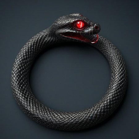 Glowing Snake,Ouroboros, 8k, high resolution, fine quality, high quality, very detailed, photo realistic, snake eating its own tail, snake with its tail in its mouth, snake, solo snake, detailxl, background, snake has a ruby as an eye.