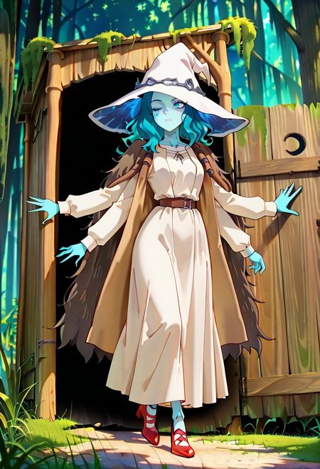 masterpiece, best quality, newest, absurdres, highres, anime, anime style, Shrek's-Outhouse-IL.V1.1, outdoors, moss, plant, nature, forest, Outhouse-open door, opening door, 1girl, RnnDef, blue eyes, one eye closed, blue hair, wavy hair, (4 arms:1.2), extra faces, ghost face, blue skin, colored skin, cracked skin, doll joints, witch hat, large hat, white headwear, white dress, long sleeves, fur cloak, brown cloak
