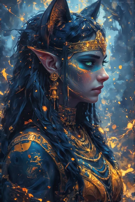  front view, Ancient Egypt, cinematic, realistic illustration scene - hair splitting - tattoos - long flowing hair, Egyptian goddess Bastet score_9_up, score_8_up, score_7_up, (masterpiece, best quality), ), elegant scene  lots of shine and reflections fashion shoot, beautiful pharaoh girl in the middle of the road, perfect cute face and green eyes, tall sexy body. Luxurious hair, long flowing hair, Fantastic realism and clear focus, Mysterious. skin and lace on smooth skin. Golden necklace with jewelry. Digital fantasy indigo and white RADIOACTIVE reading. epic journey Sepia candid photography., pixabay, swirl formation, sand piled up at corners, mycelium, side view closeup of a tormented A quirky, beautiful magical cat with exaggerated facial features, including a beautiful toothy grin and large, bright green eyes. Its fur is playful and unkempt, with prominent whiskers and distinct ear shapes. The background is a soft, muted color that highlights the cat's vibrant expression.