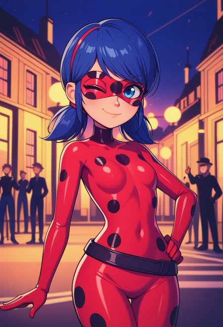 score_9, score_8_up, score_7, 2D, illustrated, expressive, BREAK, solo female, 1girl, cowboy shot, looking at viewer, hand on hip, thumbs up, spunky pose, :p, wink, upperbody, m_marinette, 1girl, short blue hair, low twintails, blue eyes, oft_ldybg, domino mask, polka dot red bodysuit, small breasts, flat chest, wide hips, 
rooftops, outdoors, france, paris, night-time, moonlit, blurred background, depth of field,