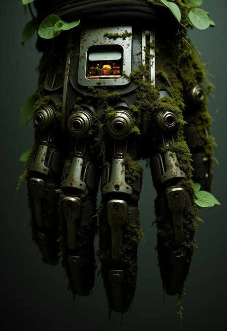 ajweathbo. A photorealistic Image of a weathered intricate designed mechanical Hand, its Joints and mechanical parts are weathered and overgrown with detailed realistic Moss and tiny leafs, atmospheric lighting, desaturated color graded