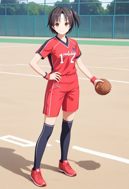 1girl, solo, stage, full body, standing,  <lora:KC_02LC_nagara_pony-000024:1> nagarakc, black hair, short hair, one side up, brown eyes, headband,       <lora:softball uniform_pony_V1.0:1> softball uniform, softball,, score_9,score_8_up, score_7_up, source_anime, masterpiece, best quality,  official art, official style, game cg, megami magazine, rating_safe, rating_questionable, <lora:Fixhands_anime_bdsqlsz_V1:0.75>, NEGATIVE_HANDS