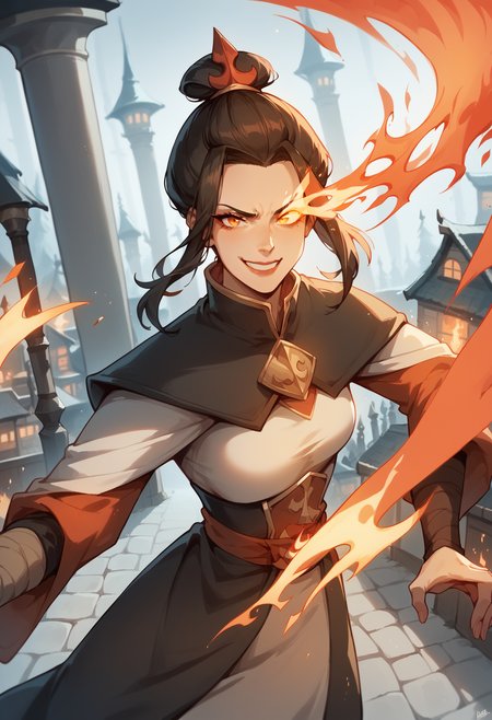 score_9, score_8_up, score_7_up,    <lora:a4z0l4:1> a4z0l4,hair bun,hair ornament, 1girl,fire, dynamic angle,from above,fish eye, sly smile, fire background,house burning, medieval background,<lora:Flaming:0.9> red flaming eye,night,dynamic pose